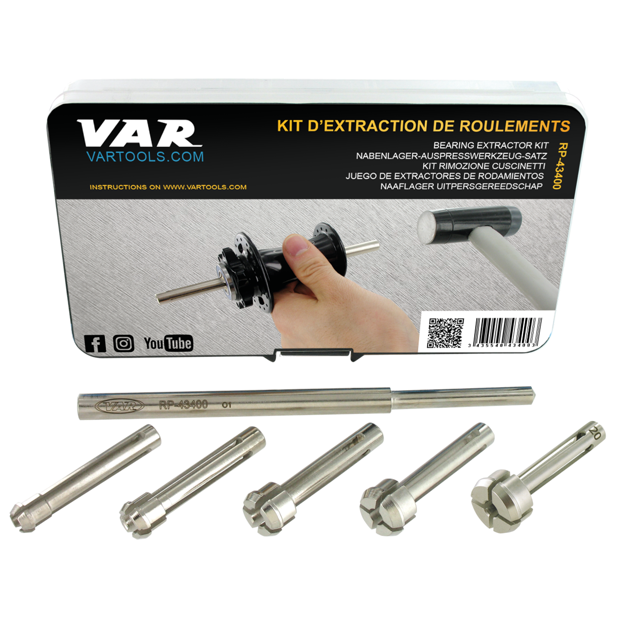 VAR | Kit d'extraction de roulements moyeux 10 à 20 mm - 5 pinces